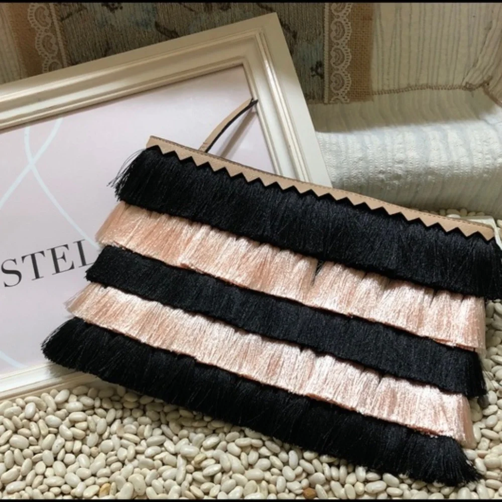 Stella & Dot | Eloise Blush+Black Fringe Clutch Retired